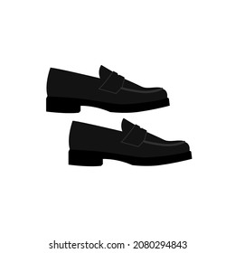 Pair of trendy black loafer shoes. Modern women's and men's footwear with low heel. Flat style. Isolated vector illustration 