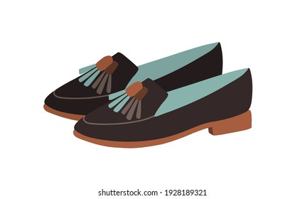 Pair of trendy fashion loafer shoes decorated with tassels. Modern women's footwear with low heel. Colored flat vector illustration isolated on white background