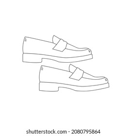 Pair of trendy line art loafer shoes. Modern women's and men's footwear with low heel. Doodle style. Isolated vector illustration