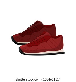 Pair of trendy red sneakers, side view. Soft shoes for sports. Casual footwear with rubber sole. Flat vector design