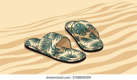 Un par de toboganes con hojas tropicales descansando sobre la arena ondulante.