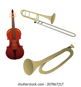 a pair of trumpets and a wooden violin in a white background