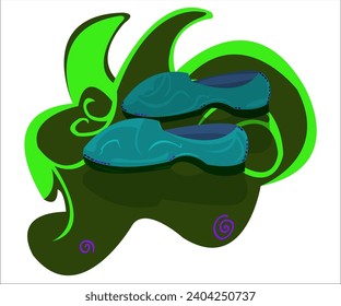 A pair of two blue suede men's boots; green vintage background. This cartoon illustration can be used as a logotype for shops of men's footwear and stores. Vector, isolated.