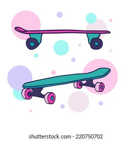 A pair of two colorful hand drawn skateboards on abstract background. Vector illustration.