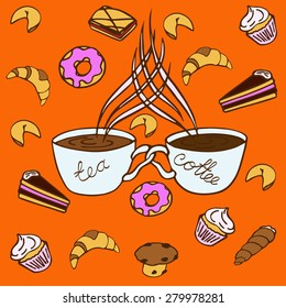 a pair of two cups of coffee and tea in the background pattern of sweet pastries