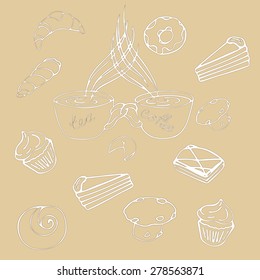 a pair of two cups, a cup of coffee and a cup of tea together and connected background of different types of pastries and desserts