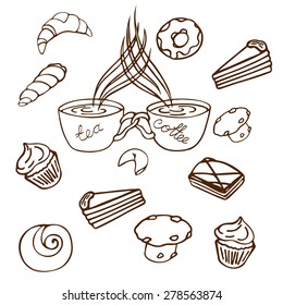 a pair of two cups, a cup of coffee and a cup of tea together and connected background of different types of pastries and desserts