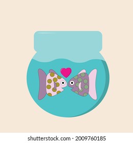 a pair of two fish in love pink and purple look at each other hearts fly above them in a round aquarium on monochrome