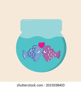 a pair of two fish in love pink and blue look at each other hearts fly above them in a round aquarium on monochrome
