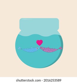 a pair of two fish in love pink and blue look at each other hearts fly above them in a round aquarium on monochrome