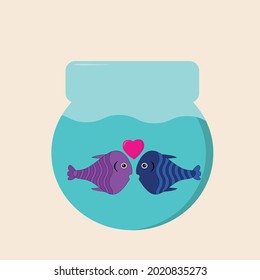 a pair of two fish in love pink and blue look at each other hearts fly above them in a round aquarium on monochrome