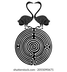 Pair of two kissing swan birds on top of a round spiral maze or labyrinth symbol. Creative concept. Ancient Greek mythology. Black and white silhouette.