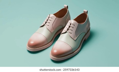 A pair of two-toned (pink and light green) leather dress shoes with laces are displayed on a light blue background. The shoes are angled, showcasing their design and color combination.