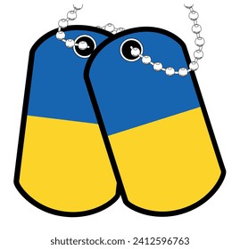 A pair of Ukraine military dog tags with chain over a white background showing the Ukraine yellow and blue national flag