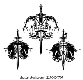 pair of unicorn horses with long mane, heraldic shield, royal crown and knight sword - medieval style fairy tale coat of arms black and white vector design set