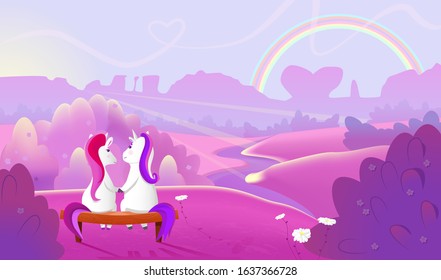 A pair of unicorns in love is sitting on a bench. They contemplate a lovely landscape in purple tones and enjoy the predawn moment. The sun lit up the river, fields and almost came out. Vector fairy