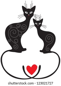 A pair Valentine of cats sitting with crossed tails