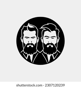 Pair of vector bearded men faces hipsters with different haircuts, mustaches, beards. Perfect for Silhouettes, avatars, heads, emblems, icons, labels.