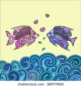 Pair of vector fish in love above the sea