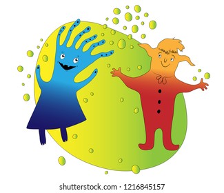 A pair of vector funny monsters on a yellow-green background