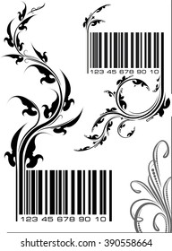 Pair of vector illustrations - bar codes with floral branch. Can use as conceptual ecological design.