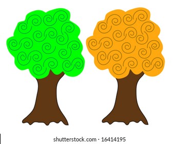 A pair of vector trees in summer and autumn colours, all elements are fully editable