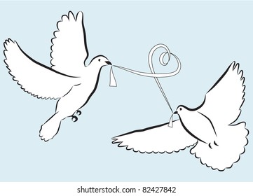 A pair of vector wedding doves with a ribbon in beak