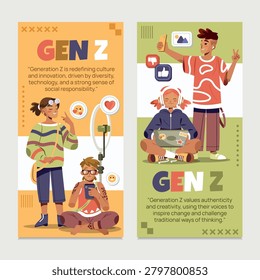 Pair of vertical banner designs themed around Generation Z culture and digital life. The left banner on a yellow background features two young people with a ring light, smartphone, and floating emoji and heart icons, with a quote about Gen Z redefining culture through diversity and technology. The right banner on olive green shows a teen taking a selfie and a girl on a laptop with social media reaction icons, with a quote about Gen Z authenticity and creativity.