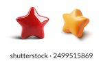 A pair of vibrant, 3D-rendered stars, one in red and the other in orange, designed in a low poly style. Two glossy star-shaped objects, one red and one orange, placed on a white background.