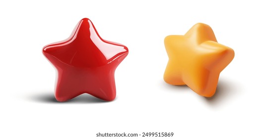 A pair of vibrant, 3D-rendered stars, one in red and the other in orange, designed in a low poly style. Two glossy star-shaped objects, one red and one orange, placed on a white background.