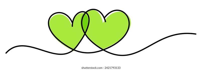 A pair of vibrant green hearts connected by a single line. Vector illustration