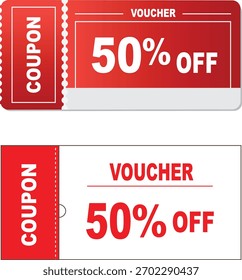 A pair of vibrant red and white 50% off discount coupons and vouchers. Ideal for promoting sales, special offers, savings, and deals in retail and marketing campaigns