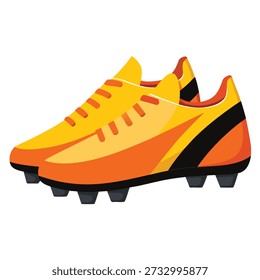A pair of vibrantly colored cartoon-style soccer cleats is displayed. The shoes are yellow and orange with black accents for the spikes. A sporty footwear image.