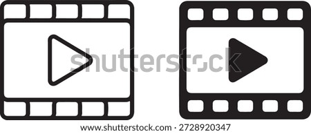 A pair of video play icons within film strip frames, one outlined and one filled, perfect for media players and streaming platforms.