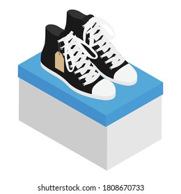 Pair Of Vintage Black Converse Sneakers Shoes With Price Tag On Top Of Box. Isolated On Blue Background. Isometric View