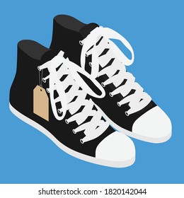 Pair Of Vintage Black Converse Sneakers Shoes. Isolated On Blue Background. Isometric View