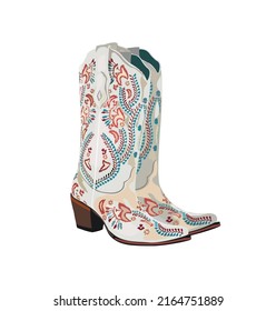 A pair of vintage cowgirl boots. White cowboy traditional western boots with embroidered turquoise and red floral decoration. Realistic vector art illustration isolated on white background.