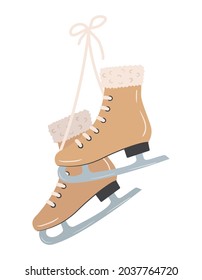 Pair of vintage ice skates hanging on laces. Symbol of winter and christmas holidays. Hand drawn vector illustration of shoes for outdoor activity.