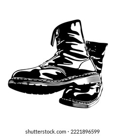 Par de botas de cuero vintage. Dibujo monocromo de tinta negra. Senderismo o calzado de moda para el ejército. Ilustración vectorial de estilo grabado a mano aislada en fondo blanco.