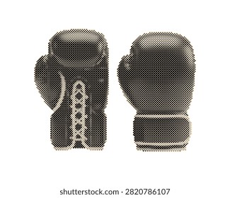 Pair of vintage retro boxing gloves in fighting stance. Classic red leather sports equipment with halftone circle dot pattern isolated on transpare...