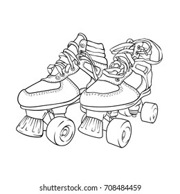 Pair of vintage, retro quad roller skates, sketch style, realistic hand drawn vector illustration isolated on white background.