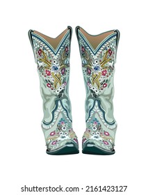 Un par de botas vintage de vaquero occidental. Botas de vaquera decorativas y elegantes adornadas con una decoración tradicional turquesa. Ilustración vectorial dibujada a mano real aislada en fondo blanco.