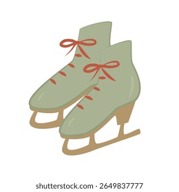 Pair of vintage-style ice skates in hand-drawn vector format. Muted green boots with red laces and beige blades. Soft texture, ideal for winter decor, greeting cards, prints, or web design.