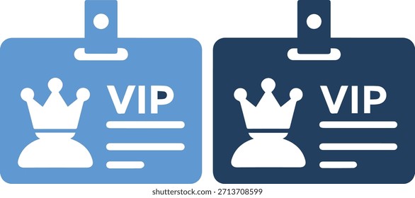 Un par de insignias VIP, una azul claro y otra azul oscuro, con una corona y silueta, con un cordón adjunto, sobre un fondo blanco puro.