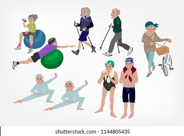 pair walking skandinavian bicycling fitness fit ball tai chi pool family old senior sports vector