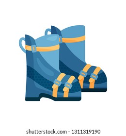 Pair of warm blue ski boots with yellow accents and durable clasp isolated on a white