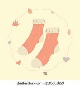 Pair Of Warm Cozy Socks Icon. Autumn Season Clothes, Fall Elements And Symbols, Leaves, Hearts. Comfort And Coziness In Cold Weather. Home, Holidays. Cute Cartoon Flat Vector Illustration Isolated