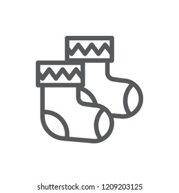 Pair of warm knitted socks with ornate pixel perfect icon with editable stroke - autumn or winter seasonal outline pictogram of cozy foot wear isolated on white background.