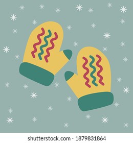 Pair of warm mittens icon in flat style isolated on blue background with snowflakes. Vector illustration