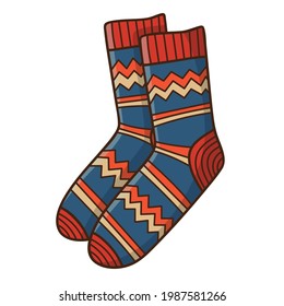 A pair of warm patterned socks. Autumn and winter clothing. Design element with outline. The theme of winter, autumn. Doodle, hand-drawn. Flat design. Color vector illustration. Isolated on white